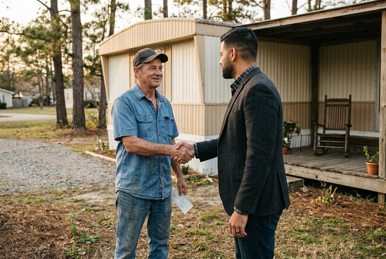 Cash close handshake between a Garcia Mobile Home Buyers representative and a relieved seller in the Southeast